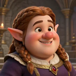 A cheerful chubby female dwarf royal servant in the dwarven stone palace, highly detailed face, neat intricate complex braided hair, big nose, realistic, beautiful, fantasy art, dungeons and dragons, lord of the rings, in the style of Thomas Kinkade and Wojciech Siudmak, pleasant cozy atmosphere, illustration, fantasy, intricate, hyper detailed, artstation, concept art, smooth, sharp focus, ray tracing, vibrant