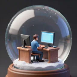 tiny realistic person sitting down at computer desk inside a snow globe, octane, hyper detailed, trending on deviantart, sharp focus, weta digital, micro details, 3 d sculpture, structure, ray trace, photography, trending on artstation, photorealistic, unreal engine