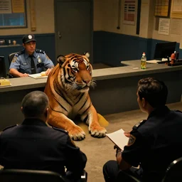 a tiger wearing a bra is being interrogated by a detective seal at the police station, zenith view, warm color palette, night time, dramatic lighting, noir film, fine details, high contrast, blacksad, kim jung gi, greg rutkowski, trending on artstation, 8 k, ultra wide angle