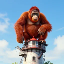 red orangutan as kingkong rise hand sitting on the top roof of unstable lighthouse building, movie screenshot, wallpaper, kingkong movie 1 9 3 3, colorfull, realistic, pixar, hardmesh, sharp, black pen drawn edges