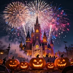 halloween celebration with colorful fireworks, 8 k octane beautifully detailed render, post - processing, extremely hyper - detailed, intricate, epic composition, cinematic lighting, masterpiece, trending on artstation, masterpiece, stunning art by anders zorn, wonderful masterpiece by greg rutkowski, beautiful cinematic