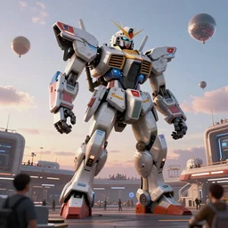 a beautiful hyperrealistic ultradetailed 3 d render of a gigantic mecha guarding a sci - fi spaceport, by wojciech siudmak : 3, mech, unreal engine, octane render, gigantic, unreal engine, octane render, 3 d, brilliantly coloured, intricate, ultra wide angle, trending on artstation, dusk, volumetric lighting, hdr, polished, micro details, ray tracing, 8 k : 2, people, sphere, balloon, blurry, blur, depth of field, dof, bokeh, obscured, macro : - 1