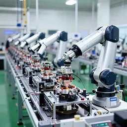 an industrial production line of micro - telescopes, high tech environment, robotic devices, color photo