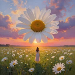 giant daisies flower as head, full body girl standing in a flower field, surreal photography, sunrise, dramatic light, impressionist painting, colorful clouds in sky, digital painting, artstation, simon stalenhag