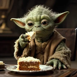 yoda sitting in his home eating a piece of cake, still frame from star wars : return of the jedi