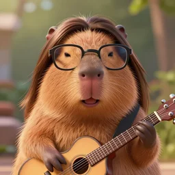 front closeup portrait of the stylish happy furry capibara with guitar, lenon glasses, long trimmed hair, fashion editorial photography, cartoon, pixar, disney, lucasfilm, bokeh, photorealistic, highly detailed, extreme details, 5 0 mm, stylized