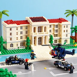 donald trump's mar - a - lago resort at palm beach made completely of legos during an fbi raid with black undercover cop cars a full swat team and a swat helicopter, as a lego set