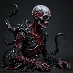 centered horrifying detailed side view profile portrait of a insane, crazed, mad old bald zombie, cthulhu, eldritch abomination, black and red, silver on black, dunwitch horror, ornate tentacles growing around, ornamentation, thorns, vines, tentacles, elegant, beautifully soft lit, full frame, 8 k by wayne barlowe, peter mohrbacher, kelly mckernan, h r giger