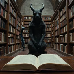 the book creature at the library, film still from the movie directed by denis villeneuve and david cronenberg with art direction by salvador dali and zdzisław beksinski, wide lens