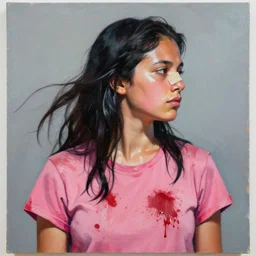 greg manchess portrait painting of an female survivor in a bloody pink t shirt, goddess, wet flowing hair, bandage nose, shiny wet skin, medium shot, asymmetrical, profile picture, organic painting, matte painting, bold shapes, hard edges, street art, trending on artstation, by huang guangjian and gil elvgren and sachin teng