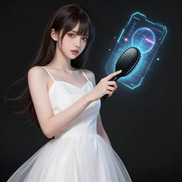 a woman in a white dress is holding a hair brush, a hologram by muqi, trending on pixiv, neo - figurative, official art, anime aesthetic, booru