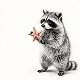 detailed pencil sketch of a raccoon holding up and looking at a starfish, chris van allsburg
