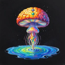 a chakra exploding brain mushroom lsd limerence paintbrush jellyfish nervous system suspended in rainbow liquid paint lake on a creative whimsical alien planet, black paper, obscure, serendipity, geof darrow, anton fadeev, moebius