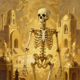 a beautiful painting of skeleton fantasy gold world with architecture design haasan fatahy by aaron horkey, trending on artstation