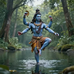 hindu god shiva dancing on water in forest lake, realistic render, high quality 8k 3d unreal engine 5. overdetailed