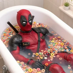 Deadpool at home swimming in a bathtub full of fruity pebbles cereal