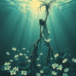 a beautiful effervescent lake with lillies, an underwater goddess climbs the sea kelp to reach the surface by edward hopper, gothic,'where the wild things are'in 3 d render, high detail block print - n 4