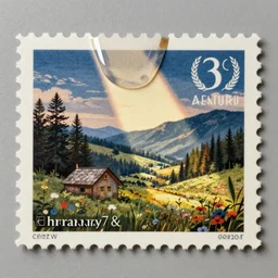 melted material against a german romantic landscape, on a poststamp