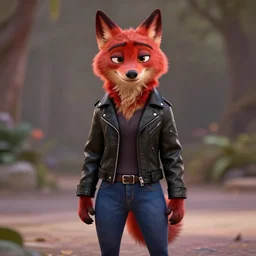 full body portrait, anthropomorphic female wolf 🐺 with red 🟥 fur, wearing a black ⬛ leather jacket and denim pants, detailed, unreal engine 5, cinema 4 d cinematic, artstation, in the style of zootopia