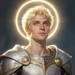 Portrait of an Aasimar man wearing a paladin garb with light green eyes short platinum blonde hair a kind face a halo!!!!!!!!!!!!!!!!! of light and a distantly hopeful expression, cinematic lighting, detailed, beautiful, illustration by Greg Rutkowski, Andrei Riabovitchev Jean Giraud Tom Anders Zorn, Edward Hopper and Ilya Kushinov, Frederick Bacon, Tom Anders Zorn, John Collier, Vladimir Abat-Cherkasov