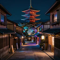 kyoto old town architecture, cyberpunk, neon colors, night scene