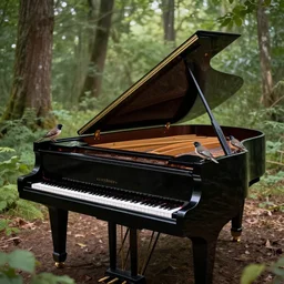 grand piano in the middle of the forest, detailed, realistic, birds on the piano