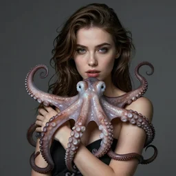 photorealistic octopus wrapping itself around a beautiful woman