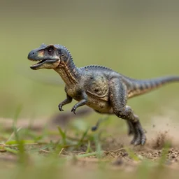 action photography, viewed from far away, award winning macro photo of a tiny ultra detailed muddy gray dinosaur running fast on grass, dirt and dust, fast shutter speed, motion blur, tiny gaussian blur, highly detailed, highly intricate, depth of field, national geographic