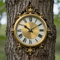 intricate detailed brass clock embedded in a tree trunk