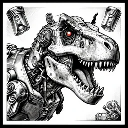 mechanical robot trex transformer dinosaur head, bold line symmetrical illustration by peter gric, hr giger, kim jung gi, joe fenton, scifi, screen print, art station, pistons and engine parts, sharp, high contrast, hyper detailed,