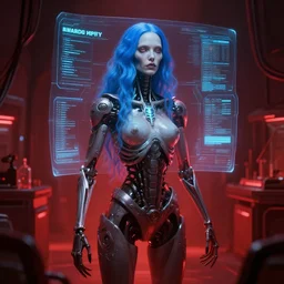 in the style of h. r. giger, john whimperstand : : fantasy art composition : : award - winning high definition photomanipulation : : biomechanical pale woman hologram, blue hair : : red dark futuristic lab