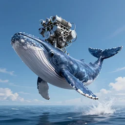 digital art of hybrid with head!! as ( v 8 engine )!!, and body of cachalot whale, cachalot with v 8 engine as its head, head as v 8 engine, head as v 8 engine, cachalot, full - body, wide angle, cyberpunk style