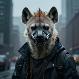 new york city portrait of bad boy furry anthro anthropomorphic spotted hyena head animal person fursona wearing clothes strange cybernetic muzzle gloomy rainy screenshot from the video game cyberpunk 2077 digital art by Greg Rutkowski, Simon Stalenhag, christopher nolan trending on Artstation, CGSociety