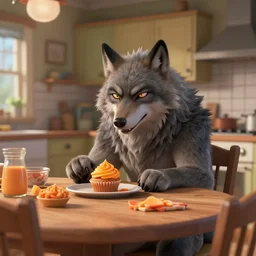 cute handsome cuddly burly surly relaxed calm timid werewolf from van helsing sitting down at the breakfast table in the kitchen of a normal suburban home having fun baking cupcakes with orange frosting unreal engine hyperreallistic render 8k character concept art masterpiece screenshot from the video game the Elder Scrolls V: Skyrim
