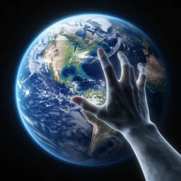 a ghostly giant hand reaches towards planet earth, high detail, space, artstation, backlit