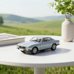 a small miniature of a Lancia Lybra 2000 on a white table near a book and a vase with a plant, 3d render, octane render, unreal engine 5, path tracing, serene landscape, calm, relaxing, beautiful landscape, highly detailed, high quality, 4k, symmetrical, low contrast