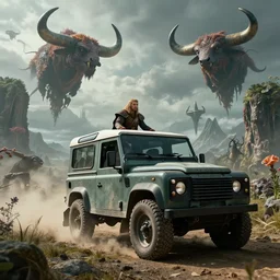 Land Rover Defender 110 (1985), The Elder Scrolls III: Morrowind, an epic fantasy, dramatic lighting, cinematic, establishing shot, extremely high detail, photorealistic, cinematic lighting, artstation, by simon stalenhag, the Nerevarine drives across Morrowind, strange flora, strange fauna, Bull Netch floating around, Morrowind fauna prominent across the landscape