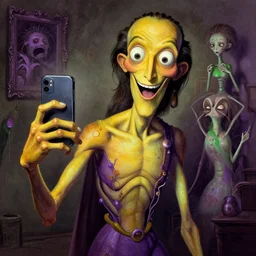 a scary and happy and excited yellow and purple and green lanky humanoid, liminal, hyper detailed, intricate, in the style of salvador dali and junji ito and guillermo del toro, selfie