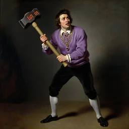 a beautiful full body portrait of a man with a purple sweater trembling with fear in the shadows of a massive hammer with the word'ban'in it, art by franz xaver winterhalter, highly detailed, elegant, jewlery, romanticism, rococo, neoclassicism, 1 8 5 0 s style painting, oil on canvas, vivid