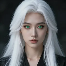 a beautiful woman gheisa, 8 k, hyperrealistic, asian hyperdetailed, beautiful face, long white hair, green eyes, dark fantasy, fantasy portrait by laura sava