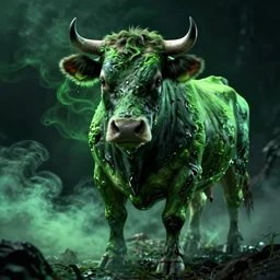 mutant cow, green smoke, green light, dark background, horror, hyperdetailed, artstation, cgsociety, 8 k