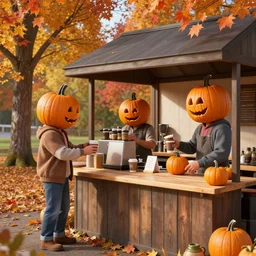 pumpkin headed people ordering coffee at a coffee stand, maple trees with fall foliage, woodstock vermont, volumetric, realistic, cinematic lighting, ray tracing, unreal engine 5, octane render, hyper realistic, photo, 8 k