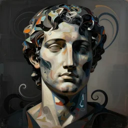 epic concept art. abstract face silhouette mixing with black and color liquid fluid. abstract sculpture. art deco swirls. masterpiece, michelangelo. concept art, matte painting. greg rutkowski, wlop, victo ngai, kandinski