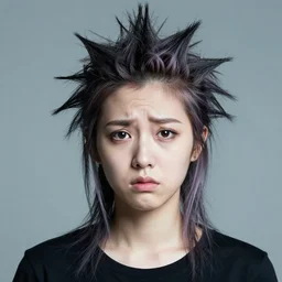 A young woman with dyed hair hair looking disgusted away from the camera, Punk, Portrait by Noriyoshi Ohrai