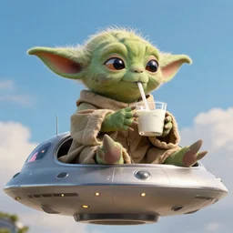 low angle shot, hyperdetailed masterpiece concept art of Yoda drinking yogurt sitting on an UFO, 4k Detailed Matte Illustration trending on ArtStation