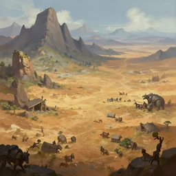 Krohms terrain is a mix of mountains, deserts and dry plains ruled by barbarians, a fantasy digital painting by Greg Rutkowski and James Gurney, trending on Artstation, highly detailed