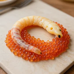 an old worm made of cheese on a table made of salmon roe