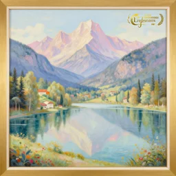 Beautiful artwork painting of a beautiful italian landscape with a lake, mountains and trees, detailed, symmetrical, award-winning, pastel color pallette, inspiring