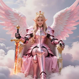 gorgeous!! hyper - realistic woman as a princess wearing ornate pink knight armor, elf ears, angel wings, angemon, smiling l sitting at her thrown holding a fiery long sword | divine, elegant, ethereal, heavenly, clouds, cute, beautiful, holy, fantasy | illustration, intricate, high detail, ultra graphics, digital painting, photorealistic, tarot, bright, smooth, sharp focus | drawn by wlop, drawn by jeehyung lee, drawn by artgerm
