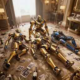 3 shiny golden and blue metallic steampunk humanoid robots with gears and tubes laying in a messed up luxury futuristic hotel room with empty bottles all over the floor, pressphoto, dawn light, insanely detailed, 3 5 mm lens, wide shot